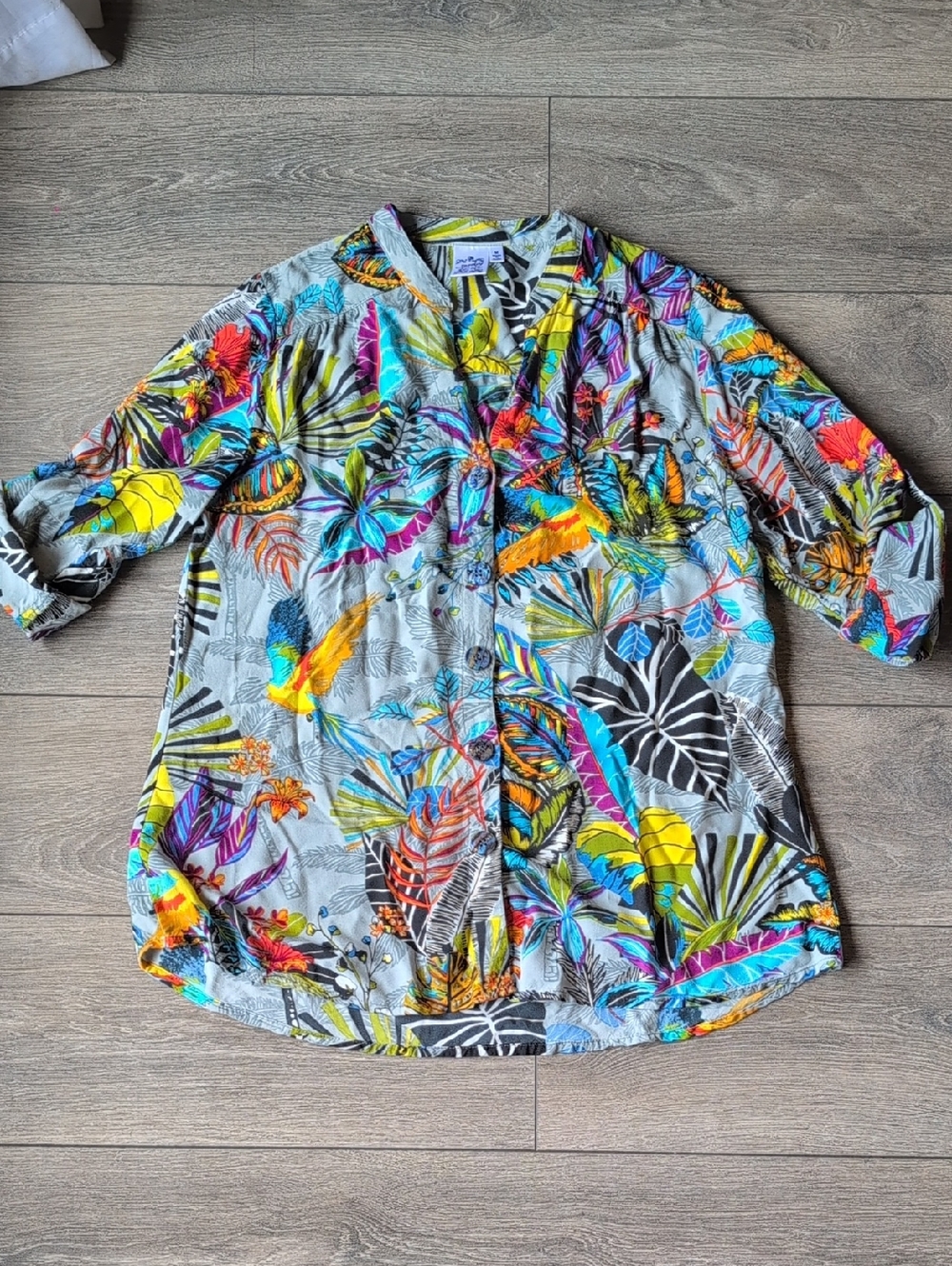 Parsley & Sage Tropical Bird Rayon Button-Up Top Blouse Size M Womens